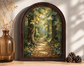 May include: An arched wall art print featuring an oil painting of a forest path with tall trees, dappled sunlight, and fallen yellow leaves. The artwork is encased in a dark brown wooden frame, displayed alongside a glass vase and pinecones.