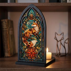 May include: A gothic-arched decorative panel featuring a stained-glass style illustration of a fox in orange, brown, and white tones, set against a teal and gold geometric background with a star motif, mounted on a black base with a white tea light.