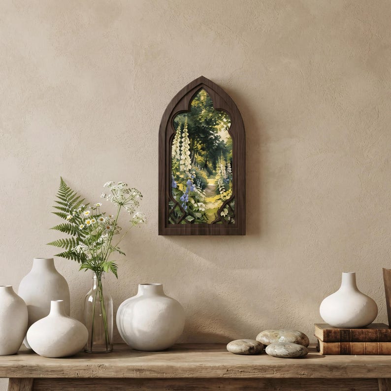 Vintage Botanical Wall Art, Arched Wooden Frame, Foxglove Flower Canvas, Cottagecore Home Decor Gift