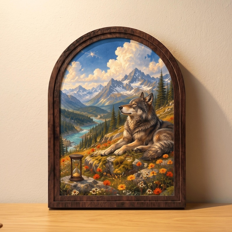 Rustic Hourglasses Majestic Wolf Canvas Wall Art Print, Peaceful Wolf in Alpine Mountain ...