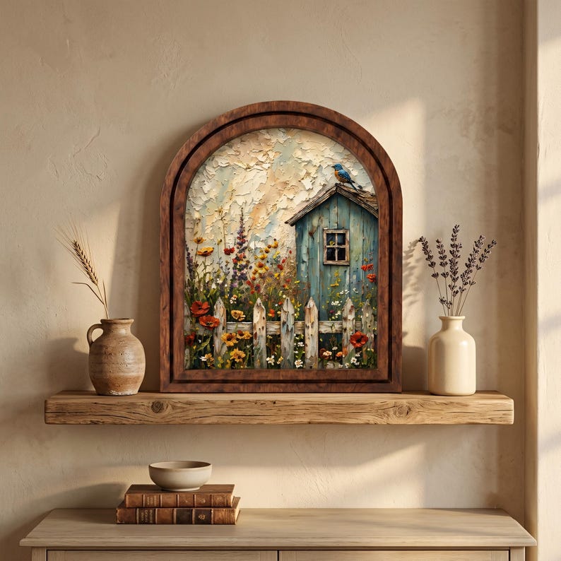 Charming Cottage Garden Wall Art, Rustic Blue Cottage & Wildflower Meadow, Arched Wood Frame Decor, Farmhouse Nature Lover Gift