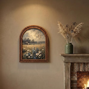 Rustic Wildflower Landscape Wall Art, Scenic Country Meadow Painting, Arched Wood Frame Decor, Cottagecore Nature Lover Gift