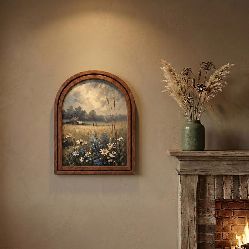 Rustic Wildflower Landscape Wall Art, Scenic Country Meadow Painting, Arched Wood Frame Decor, Cottagecore Nature Lover Gift