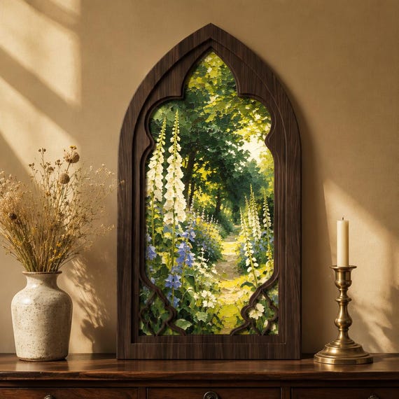 Cottage Garden Wall Art, Arched Wooden Frame, Foxglove Flower Landscape, Vintage Botanical Decor, Rustic Home Art, Nature Gift