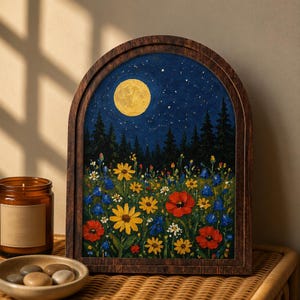 Pode incluir: Uma moldura de madeira arqueada contendo uma pintura a óleo texturizada de uma paisagem noturna. A cena mostra uma grande lua cheia amarela num céu azul escuro estrelado sobre a silhueta de uma floresta densa e um prado com flores vermelhas, amarelas e azuis.