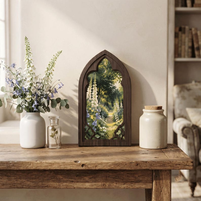 Rustic Garden Wall Decor, Arched Wood Framed Canvas, Foxglove Floral Landscape Painting, French Country Artwork