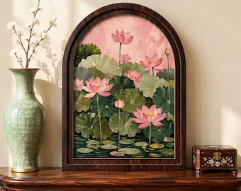 Cuadro decorativo de estanque de lotos rosas, lienzo con marco de madera arqueado, elegante estampado botánico floral, decoración de estilo rústico zen, tapiz de naturaleza serena.
