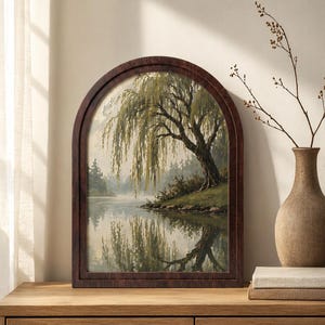 Serene Willow Tree Wall Art, Tranquil Lake Landscape Painting, Arched Wood Frame, Rustic Nature Decor, Peaceful Woodland Gift