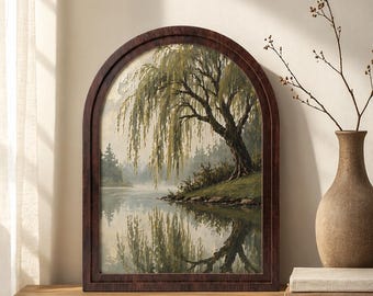 Cuadro de pared con un sereno sauce, pintura de un tranquilo paisaje lacustre, marco de madera arqueado, decoración rústica de la naturaleza, regalo apacible del bosque.