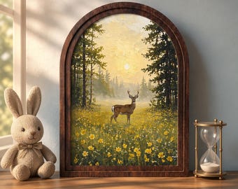 Woodland Deer Wall Art, Forest Meadow Landscape Painting, Arched Wood Frame Decor, Rustic Wildlife Artwork, Cabin Home Gift