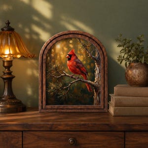Cardinal Bird Wall Decor, Rustic Nature Artwork in Arched Wooden Frame