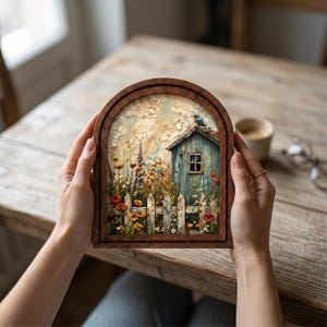 Cozy Country Cottage Wall Art, Wildflower Garden Illustration, Arched Wood Frame Decor, Botanical Farmhouse Artwork