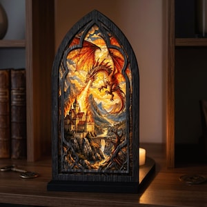 Fantasidrake Solfångare Ljusstake, Brinnande Slott Gotisk Dekor, Medeltida Drakekonst, Gotisk Valvfönster Fantasy Heminredning