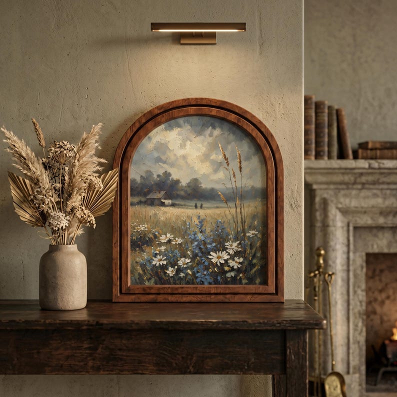 Blooming Meadow Wall Decor, Countryside Nature Painting, Arched Picture Frame Artwork, Farmhouse Living Room Decor, Housewarming Gift