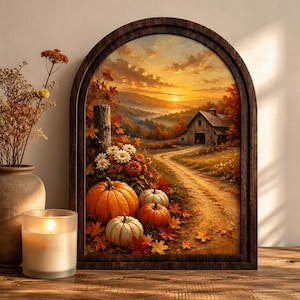 May include: An arched wooden frame containing a landscape painting of a rustic barn at sunset, with a dirt path, orange pumpkins, and autumn foliage. Beside the frame sits a clear glass candle holder with a lit candle and a vase of dried flowers.
