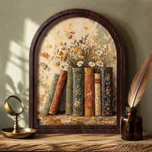 May include: An arched wall art piece featuring a painting of vintage books with a bouquet of dried yellow and white flowers. To the left sits a brass magnifying glass on a stand, and to the right is a glass inkwell containing a brown quill pen.