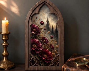 May include: A gothic-style arched wooden frame containing an illustration of deep red flowers and a dark pine forest. To the left, a lit candle sits in a brass holder. To the right, a magnifying glass rests on a leather-bound book.