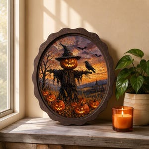 Muurdecoratie met pompoenveldmotief, golvende ovale houten fotolijst, Halloween-landschap met vogelverschrikker en kraai, rustieke herfstdecoratie, Halloween-cadeau