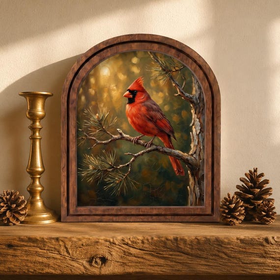Red Cardinal Wall Art, Woodland Bird Painting, Arched Wood Frame Picture, Rustic Cabin Decor, Nature Lover Gift, Memorial Bird Keepsake