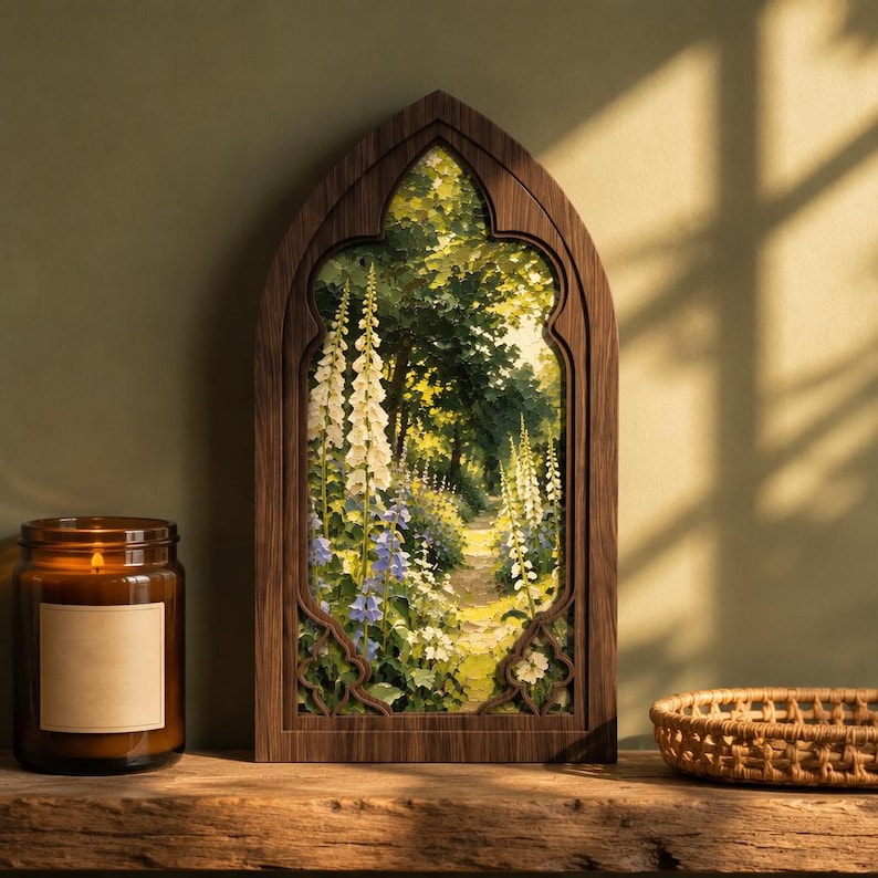 Foxglove Wall Art, Arched Wood Framed Canvas, Vintage Cottage Garden Landscape, Botanical Farmhouse Decor