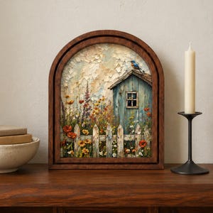 Peaceful Cottage Meadow Wall Art, Rustic Blue House Landscape, Arched Wood Framed Painting, Floral Nature Decor, Mother's Day Gift
