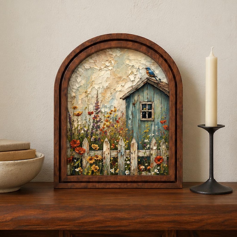 Peaceful Cottage Meadow Wall Art, Rustic Blue House Landscape, Arched Wood Framed Painting, Floral Nature Decor, Mother's Day Gift