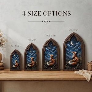 May include: Four arched wall art pieces in dark wood frames, each depicting a fox looking at a crescent moon in a night sky. Sizes labelled as 5 x 10 in, 7 x 12 in, 9 x 15 in, and 12 x 19 in are displayed under the text 4 SIZE OPTIONS.