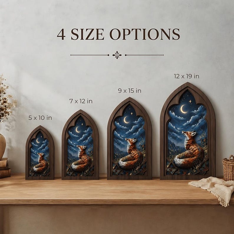 May include: Four arched wall art pieces in dark wood frames, each depicting a fox looking at a crescent moon in a night sky. Sizes labelled as 5 x 10 in, 7 x 12 in, 9 x 15 in, and 12 x 19 in are displayed under the text 4 SIZE OPTIONS.