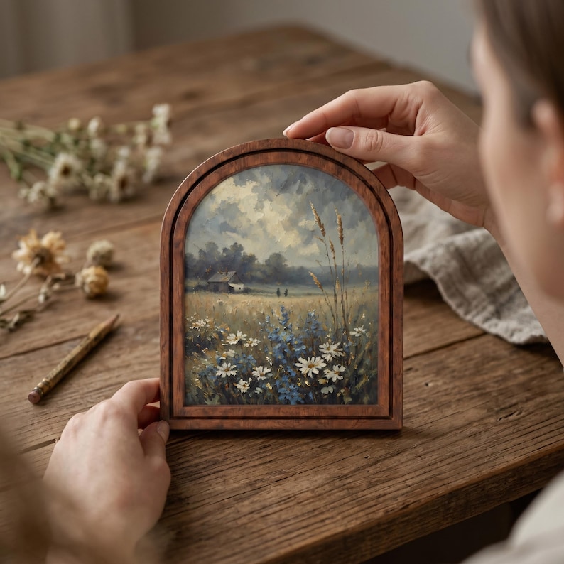Serene Wildflower Meadow Wall Art, Rustic Countryside Landscape Painting in Arched Wood Frame, Country Home Decor, Nature Lover Gift image 5