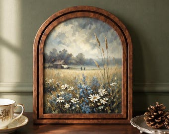 May include: An arched wooden frame containing an oil painting of a rural landscape. The scene depicts a field of white daisies and blue wildflowers in the foreground, with a small house in the distance under a cloudy, overcast sky.
