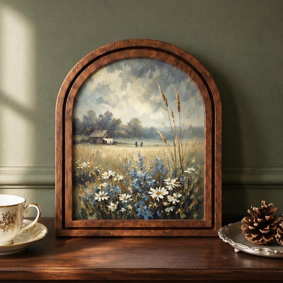 Serene Wildflower Meadow Wall Art, Rustic Countryside Landscape Painting in Arched Wood Frame, Country Home Decor, Nature Lover Gift