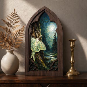 May include: A gothic-arched wooden frame containing an oil painting of a pale green luna moth resting on a tree trunk in a dark forest at night, with a bright moon illuminating the scene, set beside a dried fern in a vase and a brass candlestick.