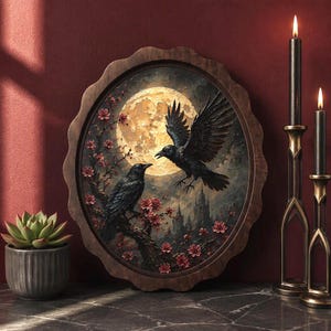 May include: An oval wall art piece in a scalloped wooden frame featuring a painting of two black crows, one perched on a branch and one in flight, against a large full moon, dark clouds, and pink cherry blossoms with a castle silhouette.