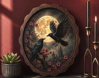 May include: An oval wall art piece in a scalloped wooden frame featuring a painting of two black crows, one perched on a branch and one in flight, against a large full moon, dark clouds, and pink cherry blossoms with a castle silhouette.
