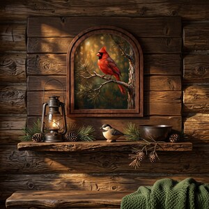 May include: A rustic wooden shelf holds a metal lantern with a glowing flame, a small carved bird figurine, and a dark bowl. Above the shelf, an arched framed print depicts a bright red cardinal perched on a pine branch against a soft background.