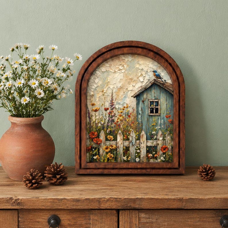 Rustic Cottage Landscape Wall Decor, Floral Meadow Painting, Arched Picture Frame, Country Home Accent, Housewarming Gift