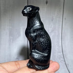 以下が含まれることがあります： 座っているパンサーまたはヒョウの小さな黒い彫像。彫刻は滑らかで磨かれた表面をしており、体全体に繊細な円形の模様が彫り込まれており、動物が直立して座っている姿勢を表現しています。