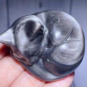 May include: A small, smooth, hand-carved stone figurine of a curled-up sleeping cat. The sculpture is made of a dark grey and black material with a polished, reflective surface that shows subtle, swirling, light-coloured metallic-like sheen patterns.