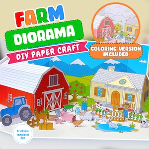 May include: A paper craft farm diorama featuring a red barn, a yellow house, a blue tractor, and various farm animals including a horse, pig, sheep, and chicken. The set includes a coloring version and text reading FARM DIORAMA DIY PAPER CRAFT.