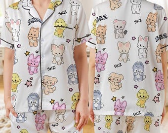 Set pigiama Kawaii SKZoo, pigiama in raso, pigiama con merchandising Kpop