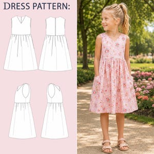 May include: A young girl wearing a pink floral print dress with pockets. The dress has a V-neck and is sleeveless. The image also shows a dress pattern with diagrams and the text "DRESS PATTERN:" in the upper left corner.