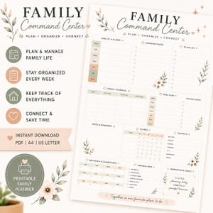 Può includere: Un foglio di pianificazione Family Command Center stampabile con sezioni per la panoramica settimanale, date importanti, liste di cose da fare, orari familiari, piani alimentari, faccende, contatti e note, decorato con illustrazioni floreali.
