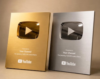 Anpassad plakett med utmärkelse för skapare, personlig milstolpe för prenumeranter i guld, present i YouTube-stil med uppspelningsknapp, utmärkelse för kanalnamn