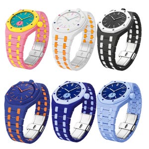May include: Six wristwatches with octagonal bezels and integrated link bracelets. The watches feature various colour combinations including pink and yellow, white and orange, black and white, blue and orange, dark blue and light blue, and light blue.