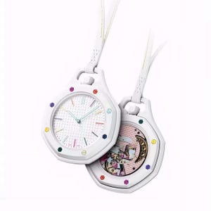May include: Two white pocket watches with octagonal cases and white leather straps. The left watch features a white textured dial with multi-colored hour markers. The right watch displays an exposed mechanical movement with a moon phase complication.
