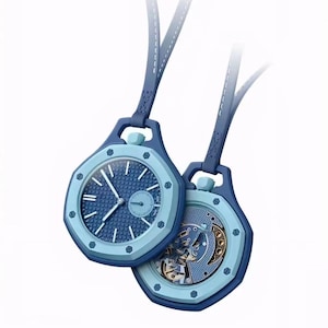 May include: Two blue octagonal pendant watches with leather straps. One watch displays a textured blue dial with silver hands and markers, while the other reveals an intricate mechanical movement with visible gears and a blue patterned plate.