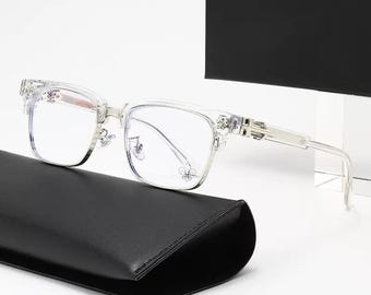 Lyxiga rektangulära glasögon utan bågar, gotiska korsglasögon, kromade bågar utan bågar, silverguldfärgade optiska bågar, lyxiga år 2000-glasögon