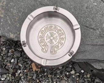 Gothic Cross Ashtray | Heavy Stainless Steel, Vintage Silver Desk Decor
