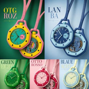 May include: A collection of octagonal pendant watches with leather straps, featuring various color combinations including pink and yellow, blue and light blue, green, red and pink, and yellow and light blue, with visible internal clockwork.