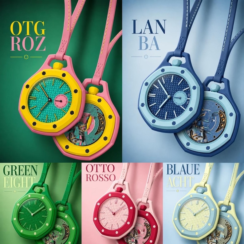 May include: A collection of octagonal pendant watches with leather straps, featuring various color combinations including pink and yellow, blue and light blue, green, red and pink, and yellow and light blue, with visible internal clockwork.